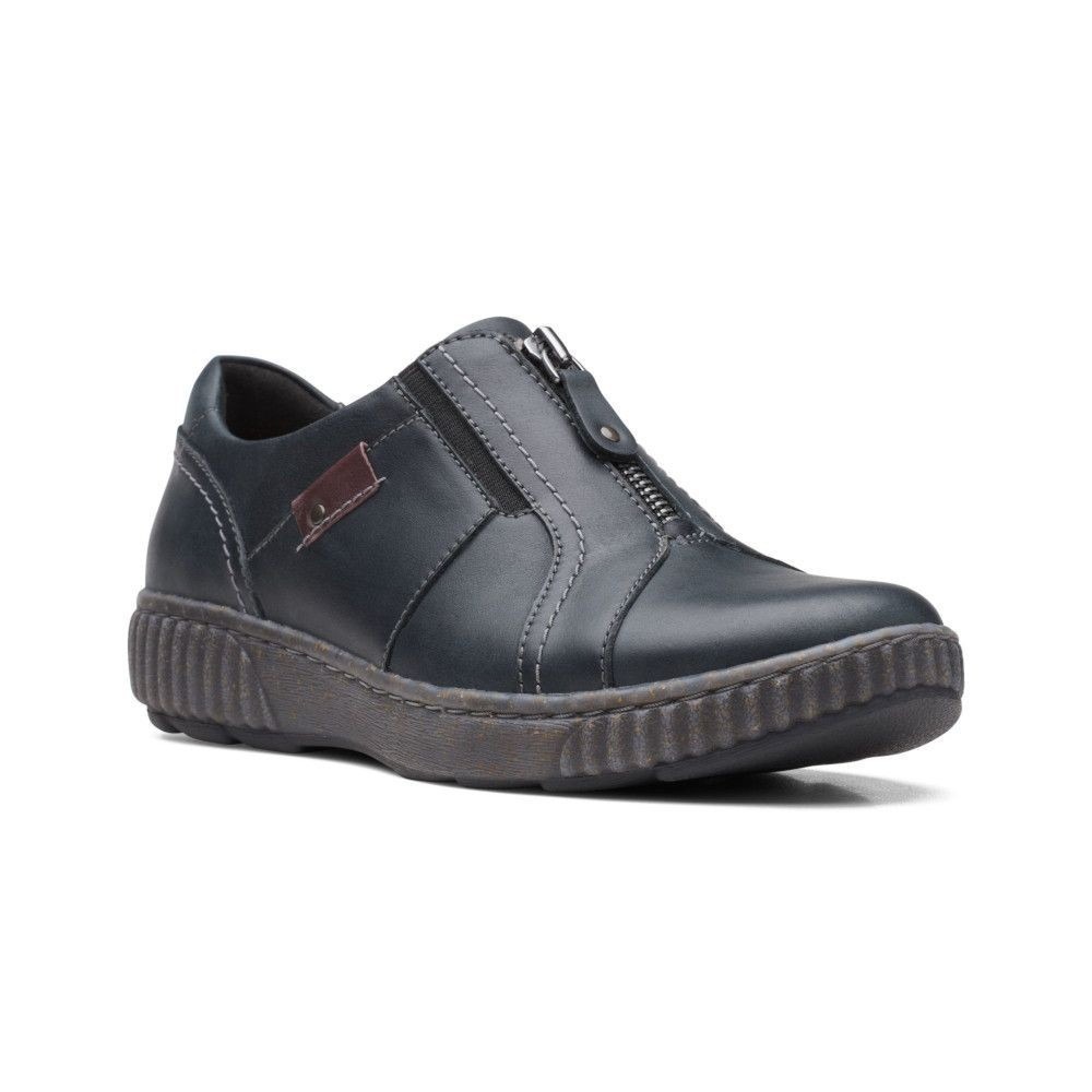 Clarks® (Women's 7.5 WIDE) Magnolia Zip™ Slip-On Shoes in Black Leather